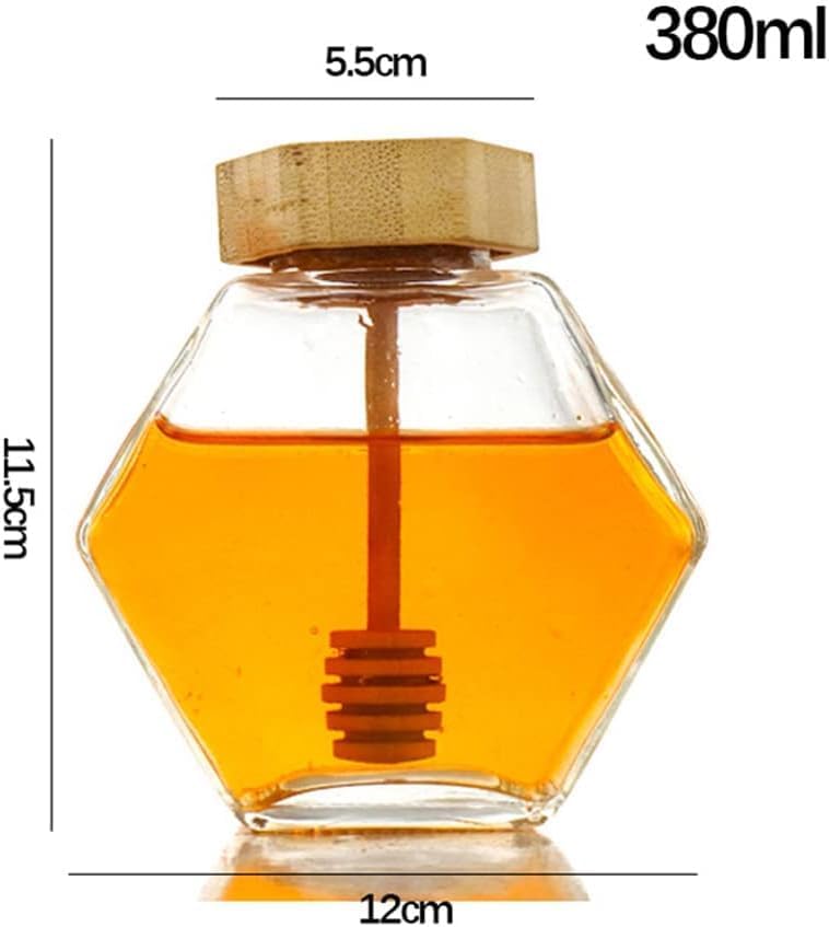 1PC 380Ml Clear Glass Refillable Hexagon Shape Honey Pot Jar with Wooden Dipper Sticks and Lid Syrup Dispenser Container Empty Bottle Food Storage for Home Kitchen