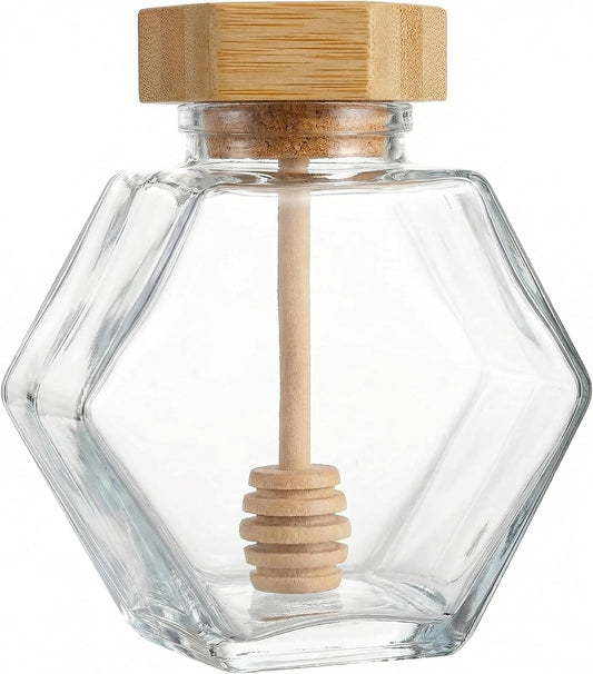 1PC 380Ml Clear Glass Refillable Hexagon Shape Honey Pot Jar with Wooden Dipper Sticks and Lid Syrup Dispenser Container Empty Bottle Food Storage for Home Kitchen